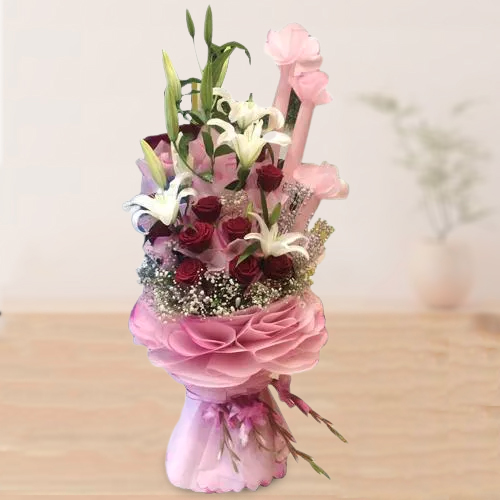 Elegant Red Roses n White Lilies Bouquet