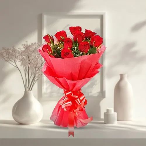 Blooming Hand Bunch of Red Roses with Tissue Wrap