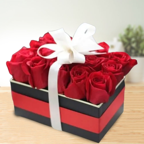 Wonderful Red Roses Box Tied with White Ribbon