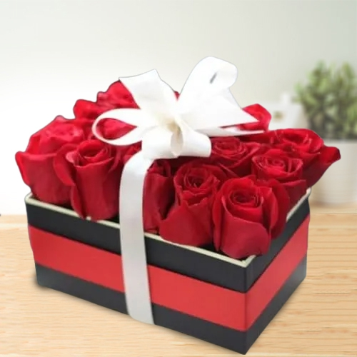 Deliver Red Roses Box Tied with White Ribbon