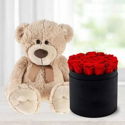 Send Red Roses in a Black Hat Box with Cute Teddy