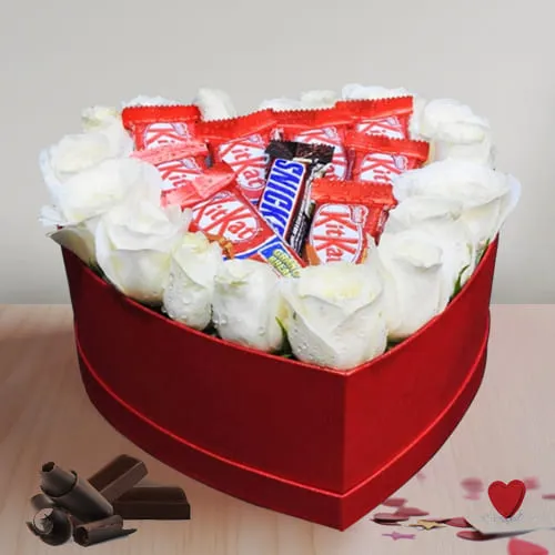 Buy Arrangement of White Roses N Chocolate in Heart Box