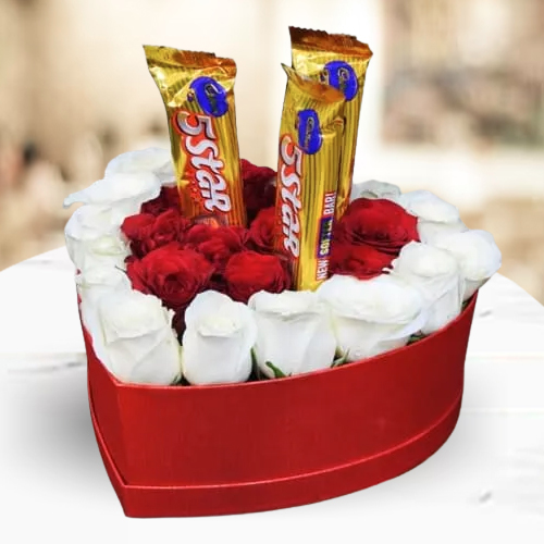 Send Heart Box of White N Red Roses with Chocolates