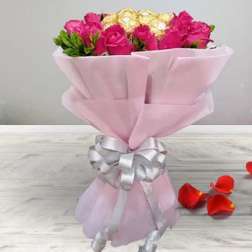 Deliver Red Roses N Ferrero Rocher Bouquet with Tissue Wrapping