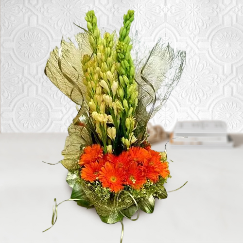 Artistic White Tuberose n Orange Gerberas Arrangement