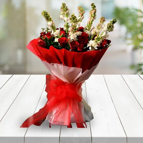 Shop Red Roses n White Rajanigandha Bouquet for Congratulations