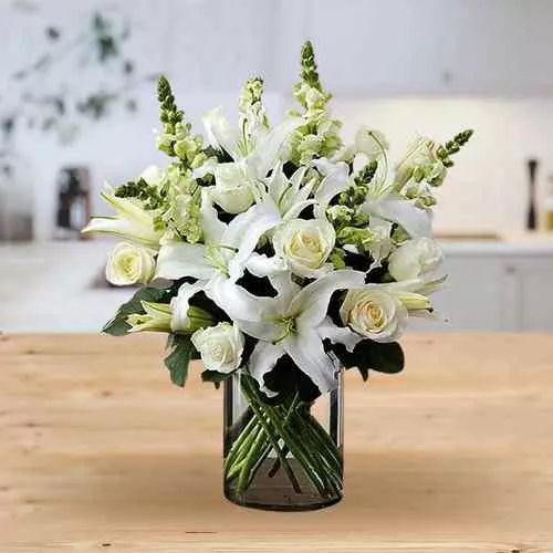 Send for White Flowers in Glass Vase for Peaceful Remembrance