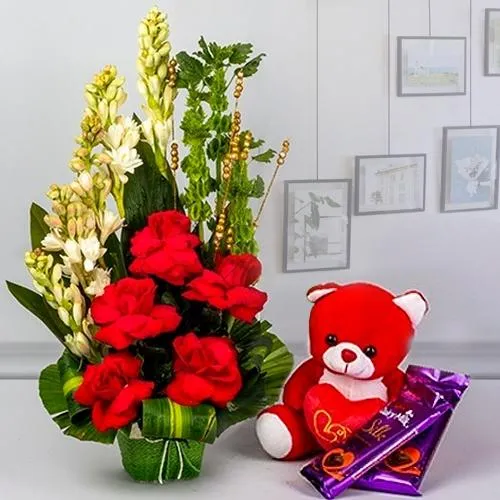 Order Fresh Flowers with Teddy n Cadbury Chocolates Gift Combo