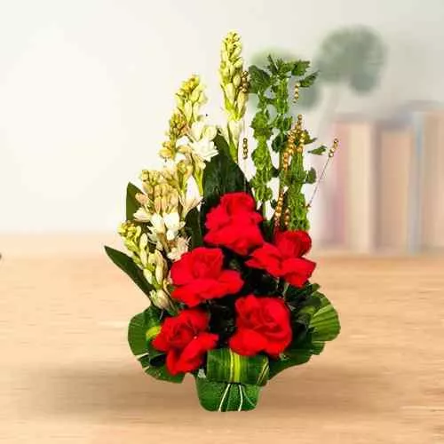 Sending Red Rose n White Rajanigandha Arrangement