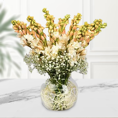 Deliver White Tube Roses in Glass Vase