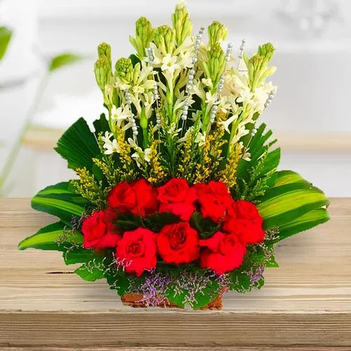 Buy Red Roses with Tube Rose Arrangement Online