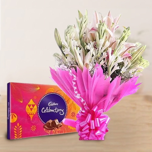 Book Lilies N Gladiolus Bouquet with Cadbury Celebration Pack