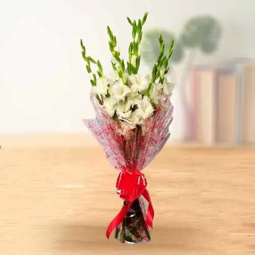 Send White Gladiolus Bouquet in Tissue Wrapping