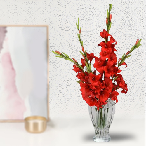 Outstanding Red Gladiolus Arrangement in Glass Flower Vase