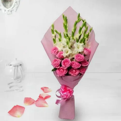 Ship Gorgeous Pink Roses n White Gladiolus Bouquet