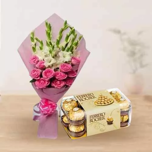 Sending Roses n Gladiolus Bouquet with Ferrero Rocher