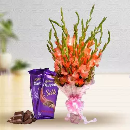 Order Pink Gladiolus Bouquet with Cadbury Dairy Milk Silk