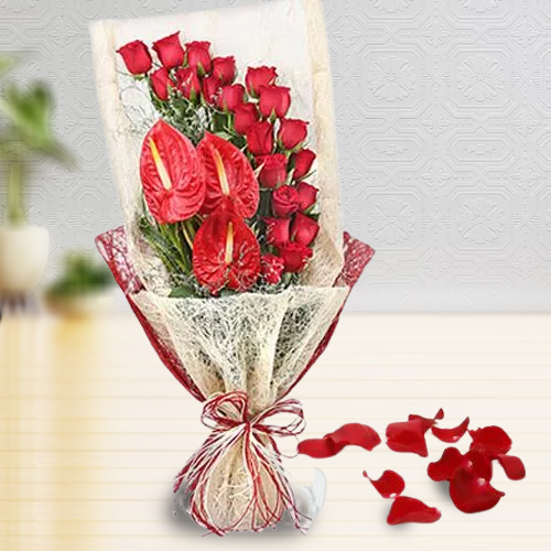 Deliver Bunch of Red Roses n Anthodium in Tissue Wrap