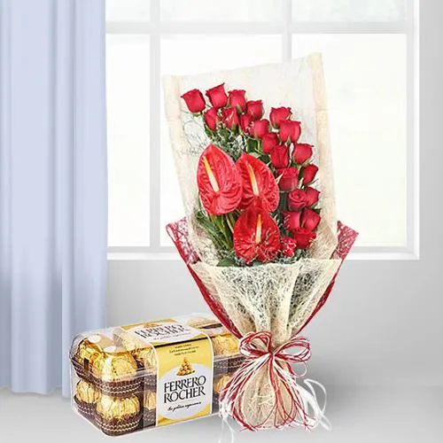 Exclusive Red Roses n Anthodium Bunch with Ferrero Rocher