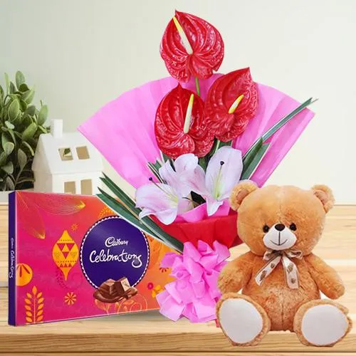 Striking Gift of Flowers Bunch with Teddy n Chocolates
