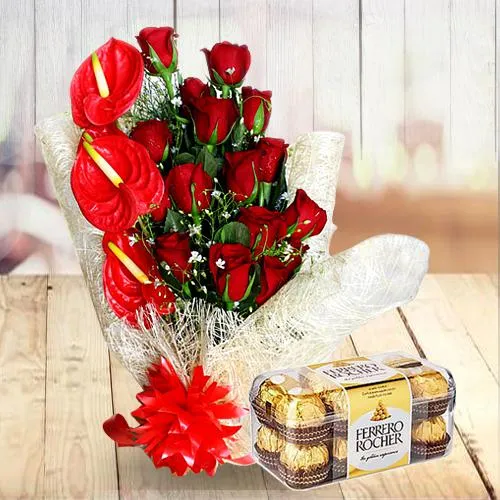 Shop Attractive Red Flowers Bunch with Ferrero Rocher