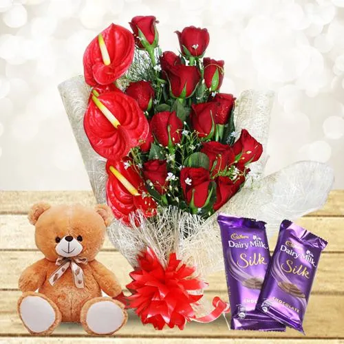 Shop Radiant Red Flowers Bouquet with Teddy n Chocolates