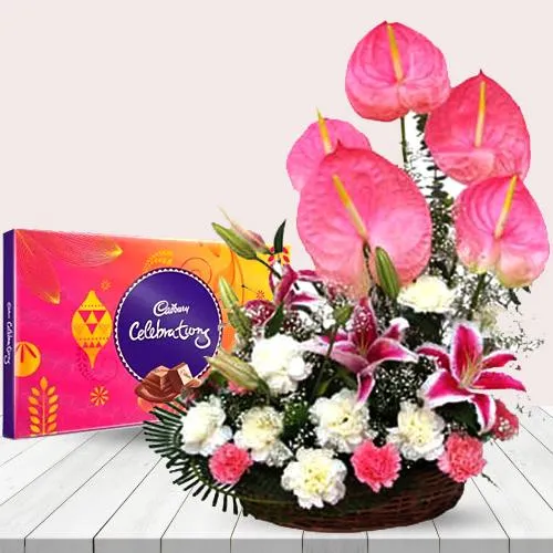 Mesmerizing Arrangement of Pink N White Flowers with Chocolates