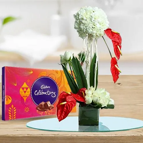 Buy Ravishing Flowers in Glass Vase with Cadbury Celebration	