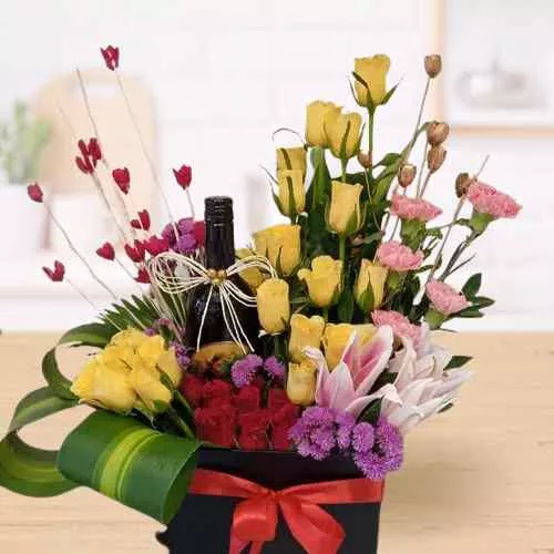 Gorgeous Mixed Flowers Box Arrangement with Sparkling Fruit Juice