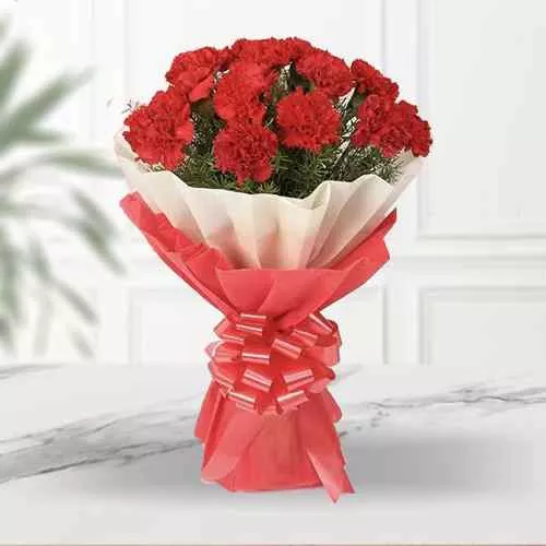 You can shop online for an elegant Hand Bouquet of Red Carnations in Tissue Wrapping