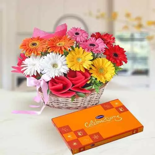 Send Cadbury Celebration Pack with Basket Arrangement of Colorful Gerberas