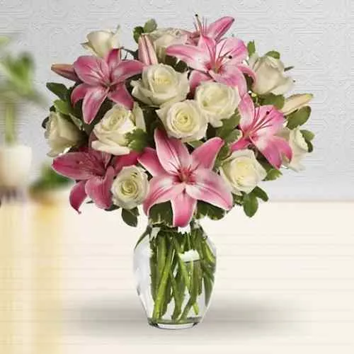 Breathtaking Present of Pink Lilies with White Roses in Glass Vase