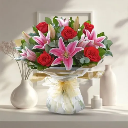 Book Delicate Pink Lilies N Red Roses in Bouquet