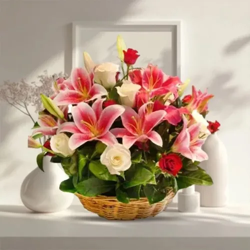 Send Lovely Arrangement of Pink Roses with Pink Lilies