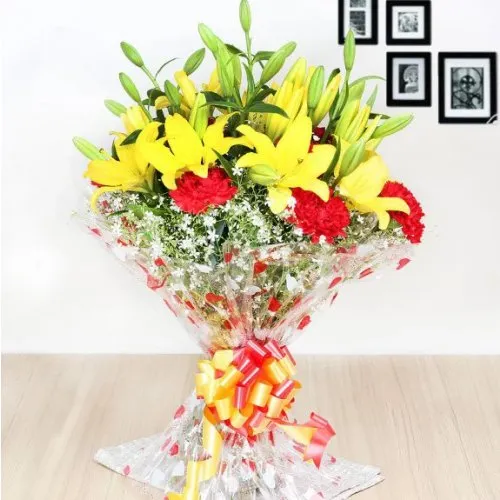 Shop Blooming Red Carnations N Yellow Lilies Bouquet
