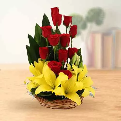 Seasonal Red Roses N Yellow Lilies Basket