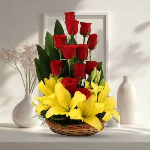 Seasonal Red Roses N Yellow Lilies Basket