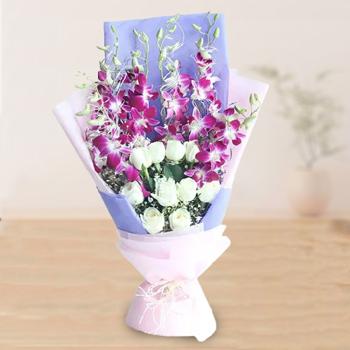 Deliver Enchanting White Roses & Orchids Bouquet