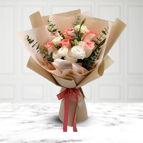 Blushing White N Pink Roses Bouquet enhanced with Filler Flowers