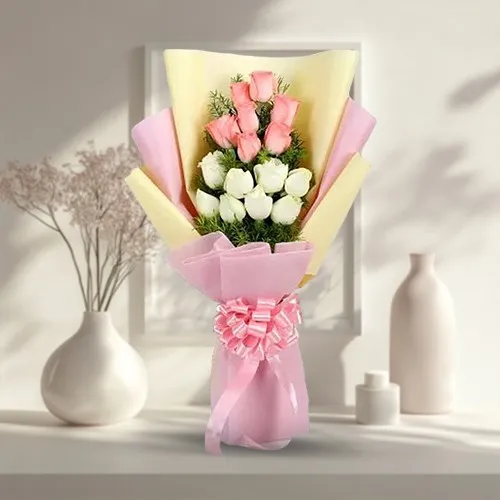 Send Blushing White N Pink Roses Bouquet with Filler Flowers