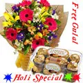 Nicely Gift Wrapped Mixed Flowers Bouquet with  16 pcs Ferrero Rocher Box with free Gulal/Abir Pouch. 
