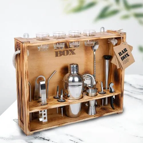 Lovely 19 Pc Bar Tool Set with Rustic Wood Stand