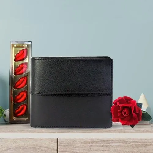 Fancy mens Leather Wallet with Velvet Rose and 5 pcs Lip Shaped Chocolates