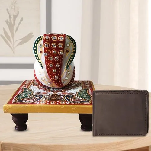 Stylish Ganesh Marble Chowki with a Leather Wallet for Gents