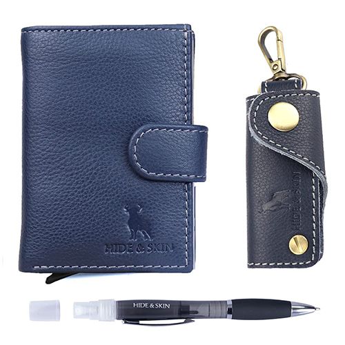 Fancy Hide N Skin Leather Card Case with Pen N Keychain Set
