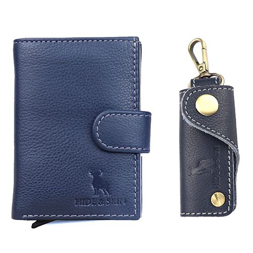 Classic Hide N Skin Leather Card Case N Key Chain Set in Blue