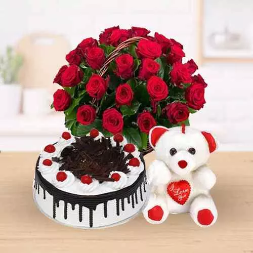 25 Red Roses with 1 Lbs. Black Forest Cake and a Teddey Bear