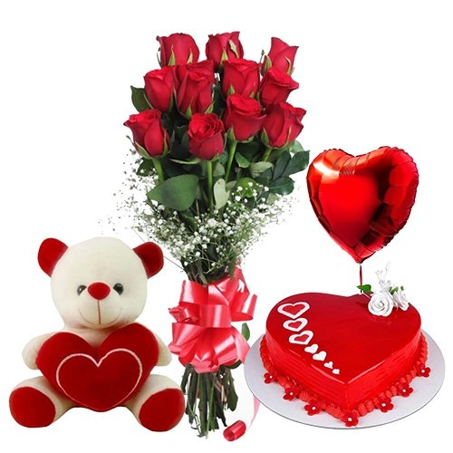 12 Exclusive Dutch Red Roses Bunch with Cute Teddy Bear Love Cake 1 Lb and Heart Shaped Balloons