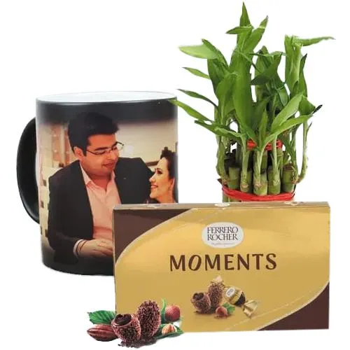 Exclusive Personalized Photo Magic Mug with Ferrero Rocher N Bamboo Plant