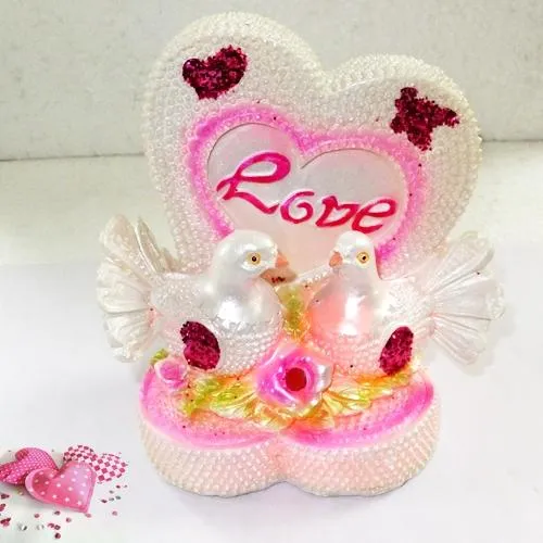 Romantic LED Lighted Love Heart with Bird Couple Showpiece with a Free Velvet Rose